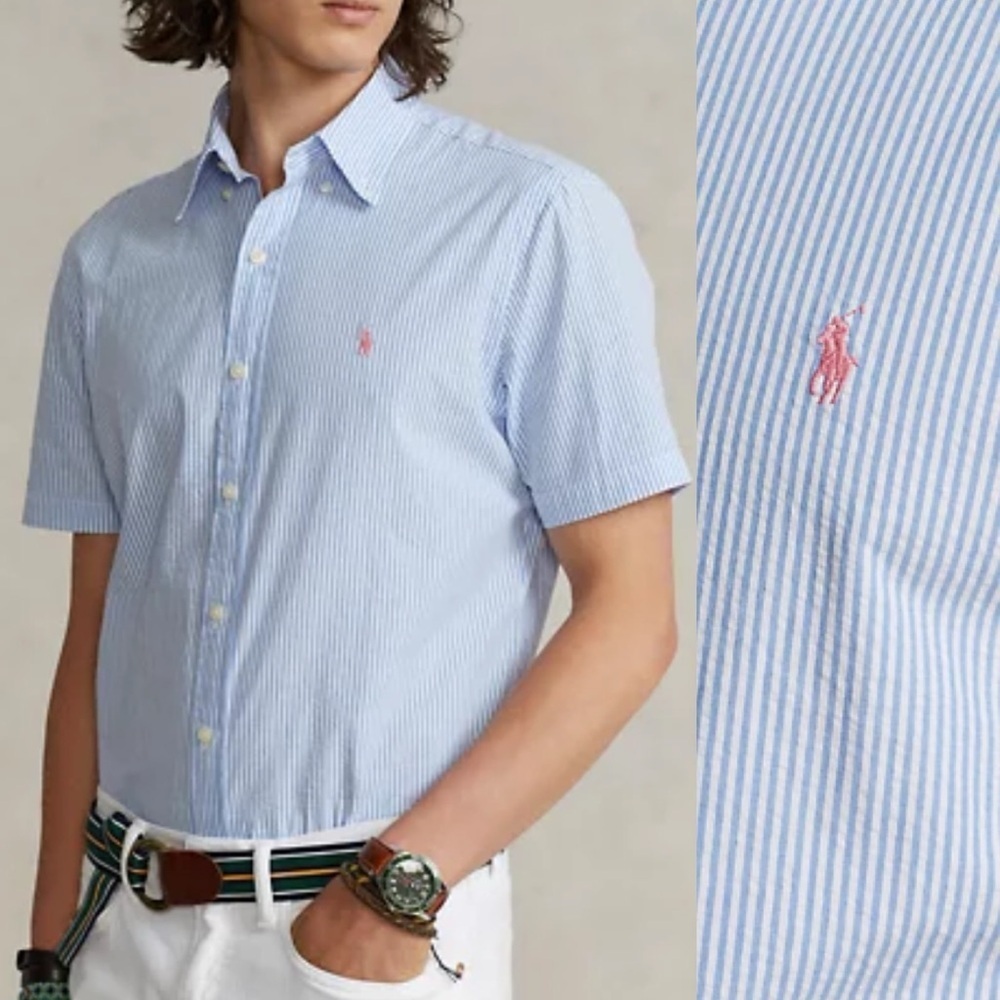 Ralph Lauren Custom Fit Striped Seersucker Shirt Size Large